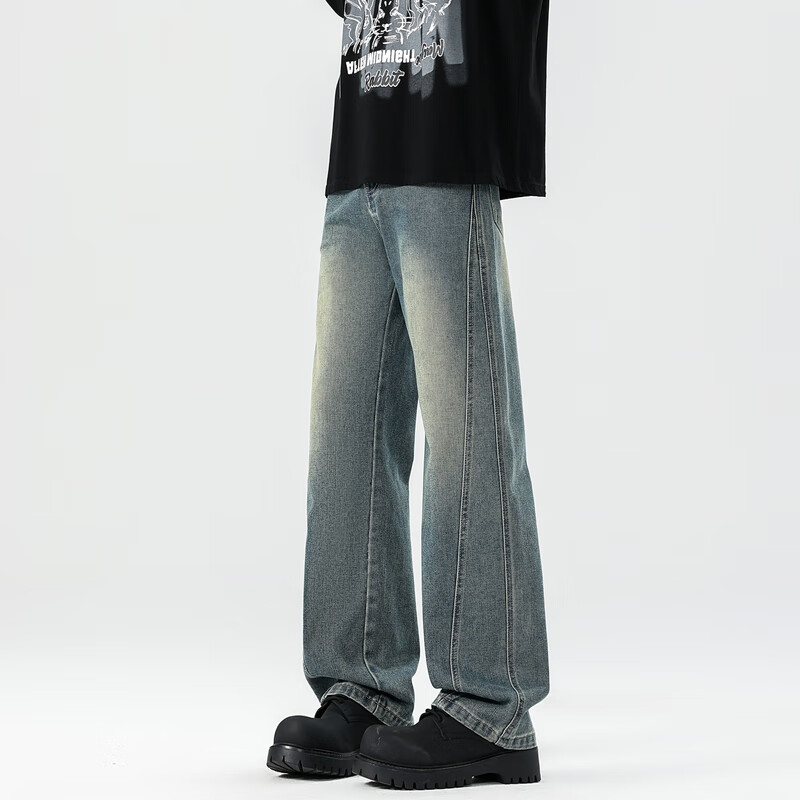 7Jia Youpin Men's Vintage Blue Wide-Leg Jeans