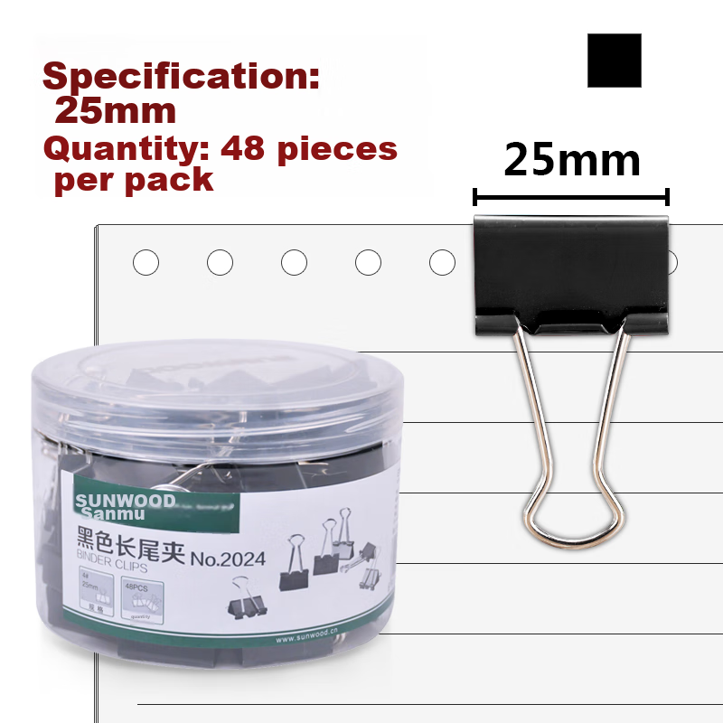 SUNWOOD 25mm Metal Long Tail Binder Clips - 48 Pieces