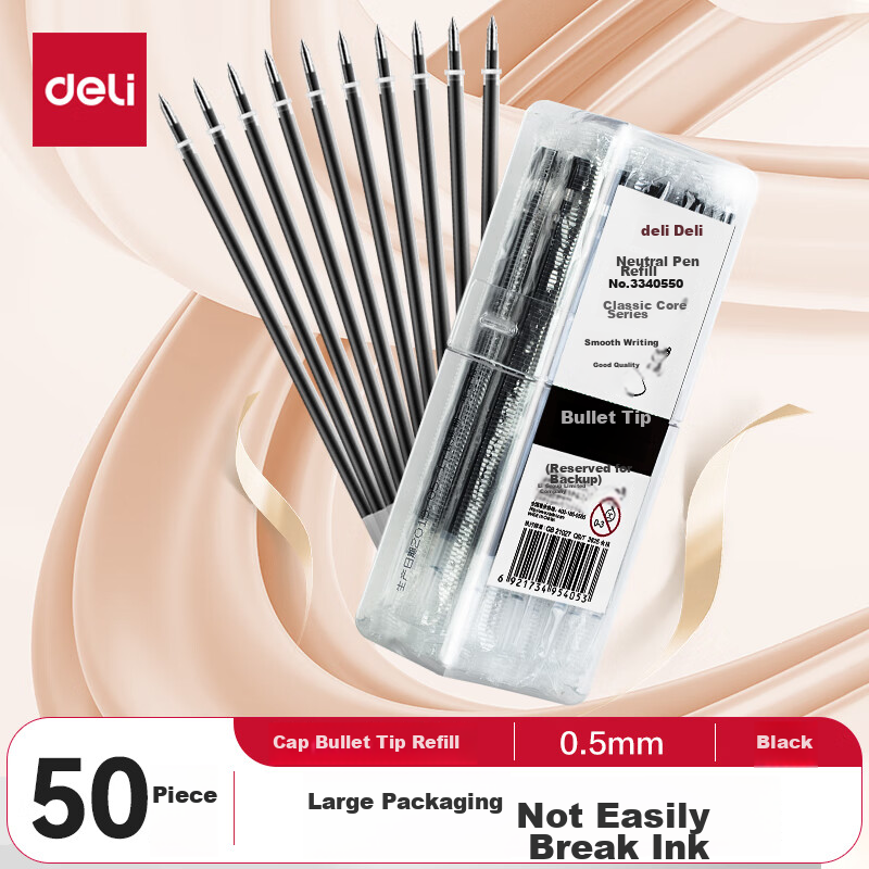 Deli 0.5mm Black Bullet Tip Refill (50-Pack)
