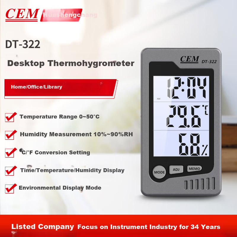 CEM DT-322 Thermometer & Hygrometer with Clock