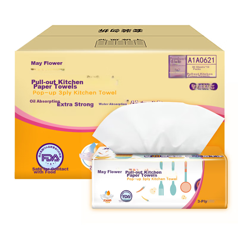 May Flower Kitchen Paper Towels - 3-Ply Oil & Water Absorbent