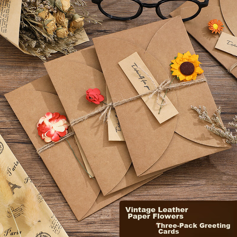Faramon 3-Pack Vintage Greeting Cards with Dried Flowers