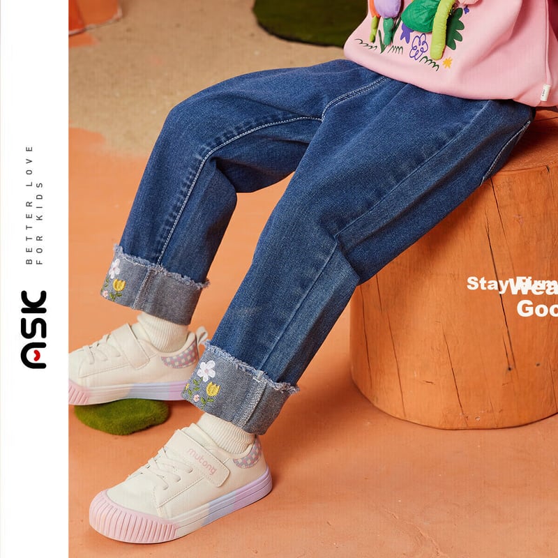 ASK JUNIOR Girls' Washed Denim Pants with Embroidery