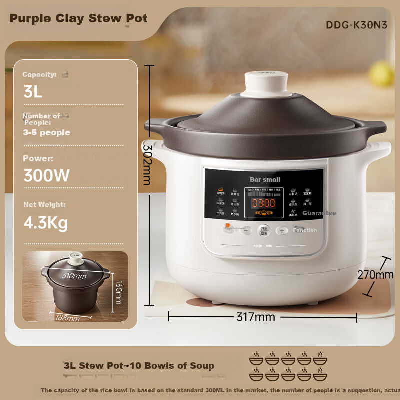 Bear Electric Slow Cooker - 3L Soup Pot for 3-4 People