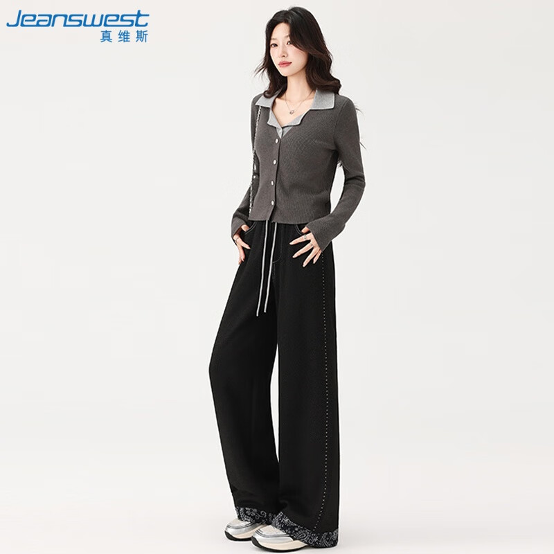 JEANSWEST Women's Patchwork Printed Cuffed Wide-Leg Jeans