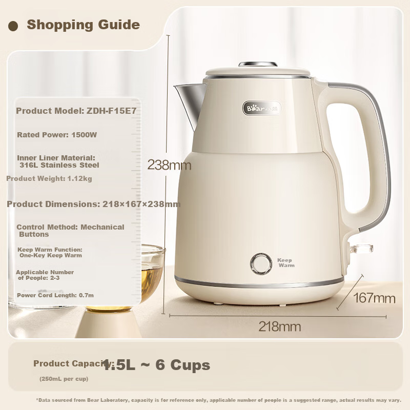 Bear Electric Kettle - 316L Stainless Steel Portable Water Boiler