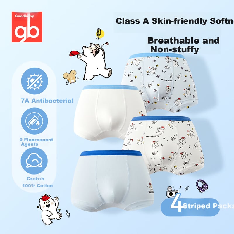 Gb Boys' Antibacterial Cotton Boxer Shorts 7A 4-Pack Cute Dog Blue