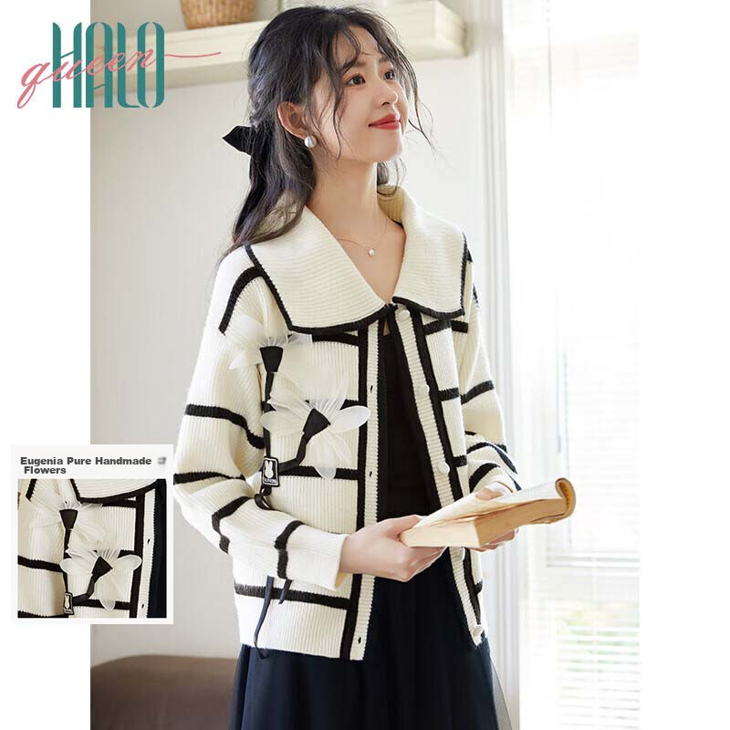 Halo Queen Women's Knit Cardigan with Lapel Collar and 3D Flowers