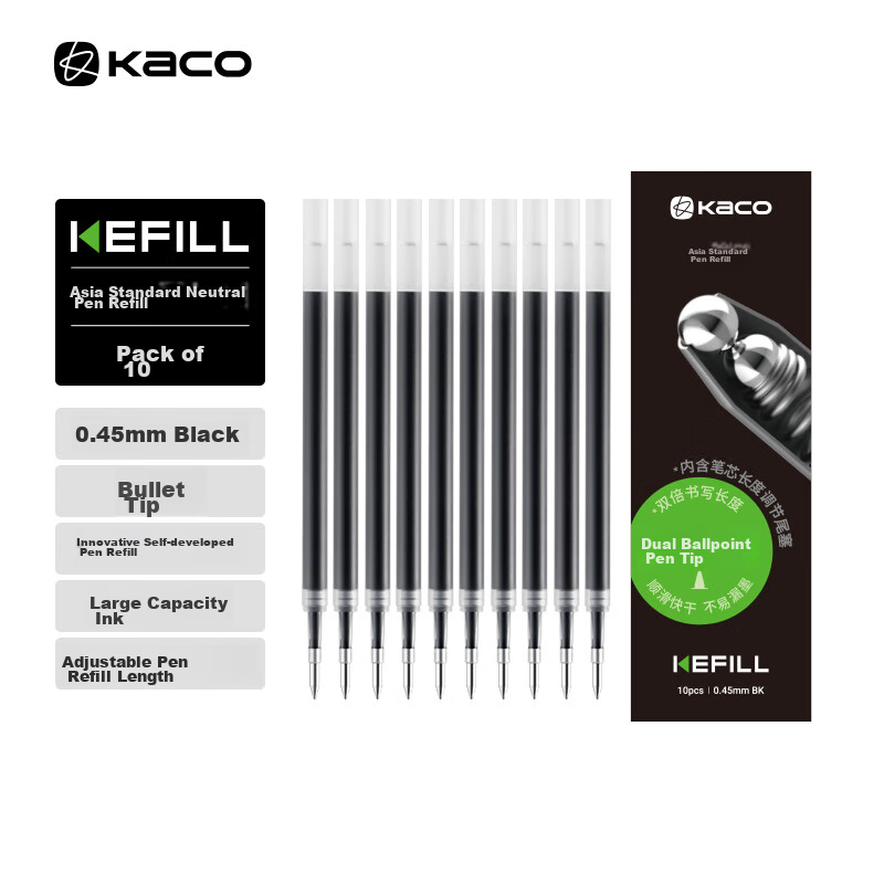 KACO 0.45mm Retractable Pen Refill - Black, 10 Pieces
