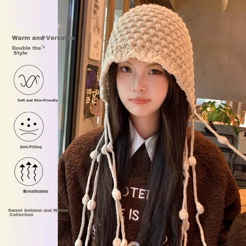 YUZHAOLIN Red Hollow Knit Tassel Beanie