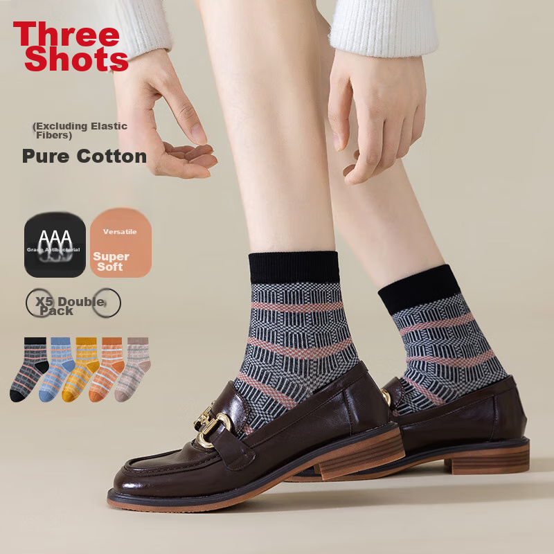 THREEGUN Women's Striped Mid-Calf Socks 10A Antibacterial