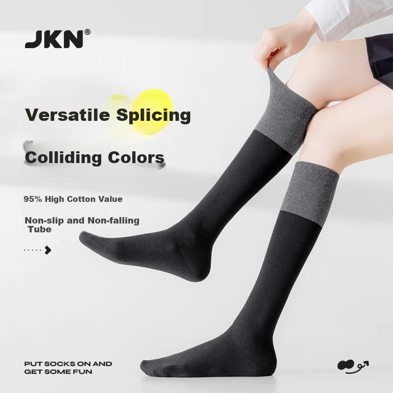 JKN Black & Gray Patchwork Thigh-High Socks for Women