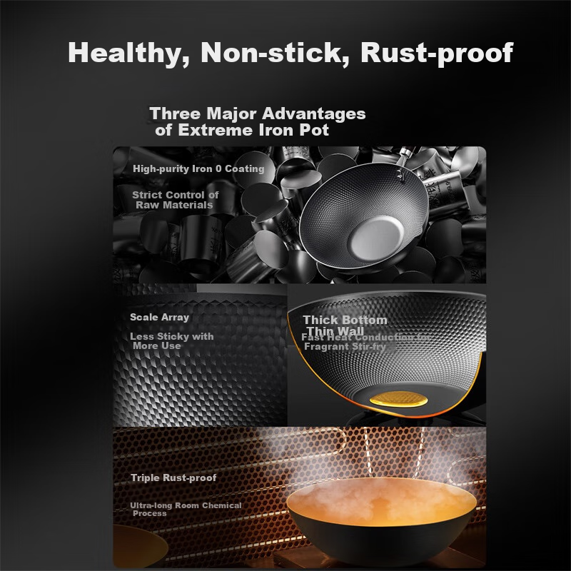 COOKER KING Iron Wok - Healthy Non-Coated Cast Iron Pan with Steamer Basket
