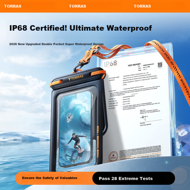 TORRAS 30m Waterproof Phone Case with Lanyard - Touchscreen for Diving & Swimming