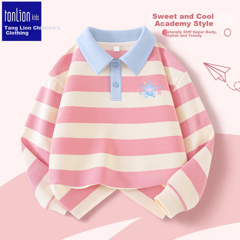 TonLion Girls' Striped Preppy Long-Sleeve Polo