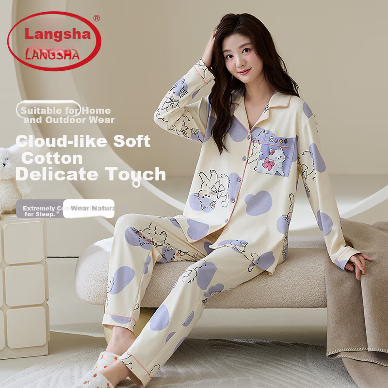 LangSha Women's Cute Cat Pajamas - Loose Long Sleeve Homewear