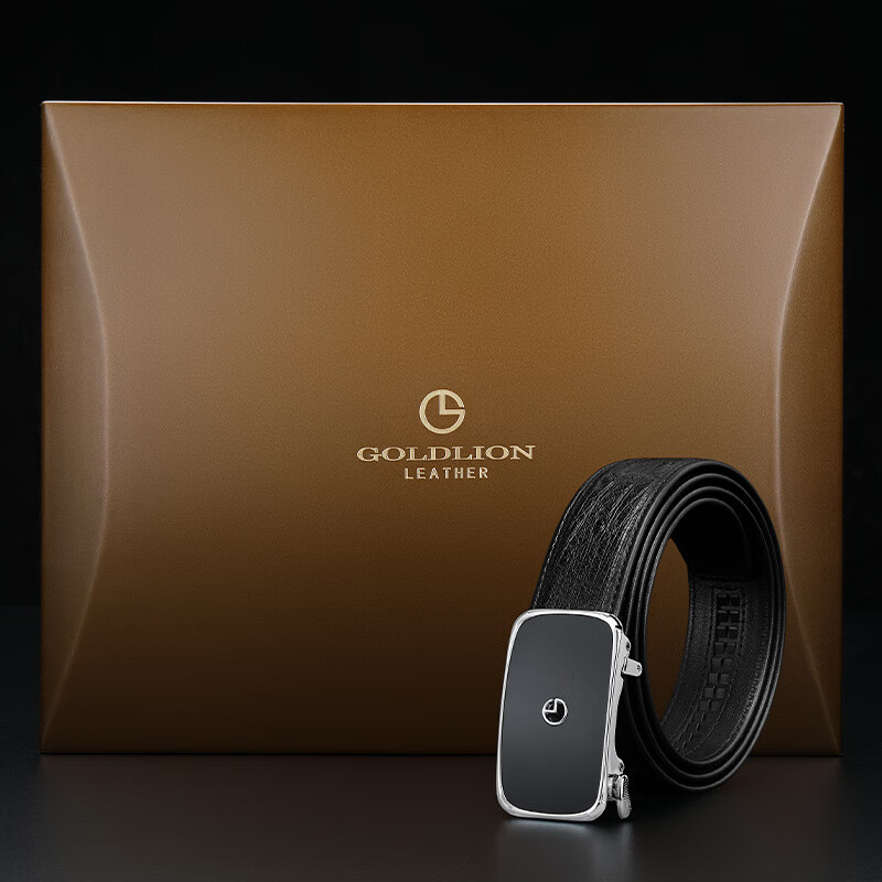 Goldlion Men's Ostrich Leather Automatic Belt with Wooden Gift Box