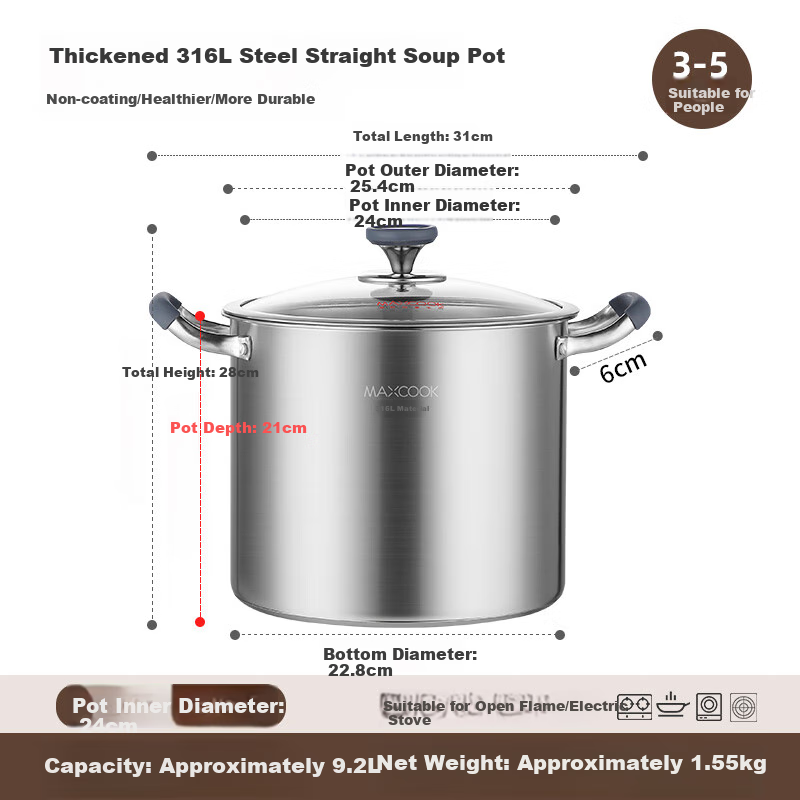 MAXCOOK 316L Stainless Steel Soup Pot 24cm