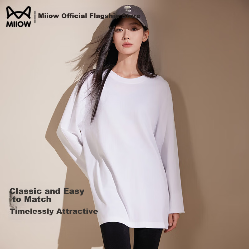 Miiow 2026 Pure Cotton Long Sleeve White T-Shirt for Women