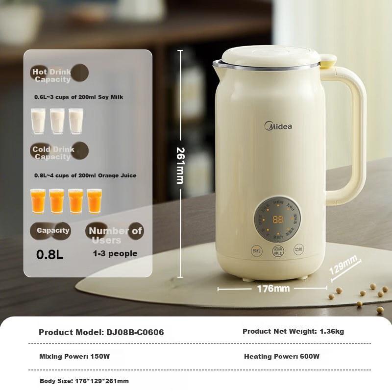 Midea Soy Milk Maker & Blender, 0.8L Capacity for 1-2 People