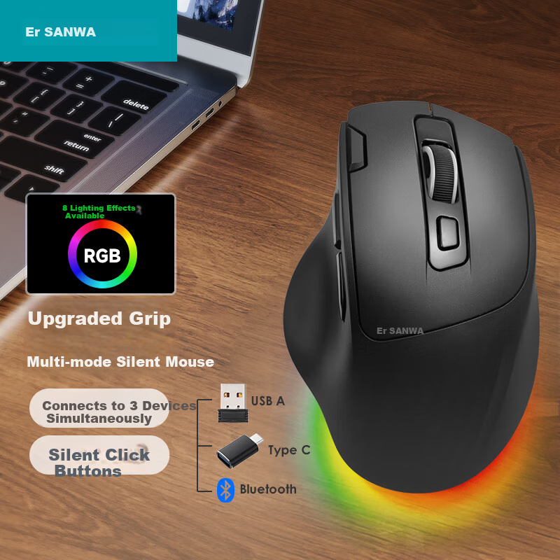 SANWA Ergonomic Wireless Vertical RGB Mouse