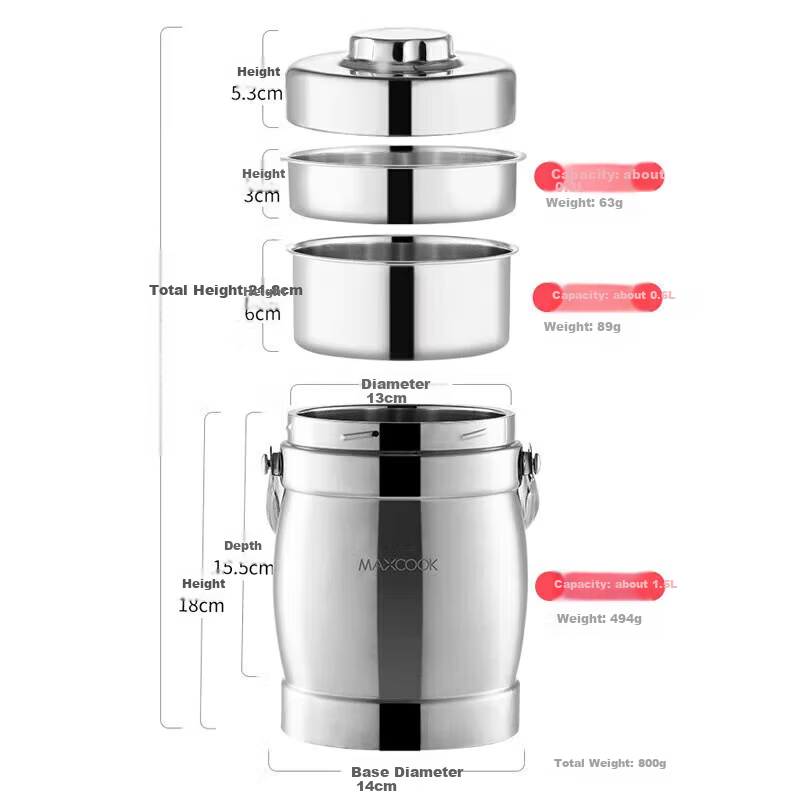 Maxcook 1.5L Stainless Steel Lunch Pot with Handle