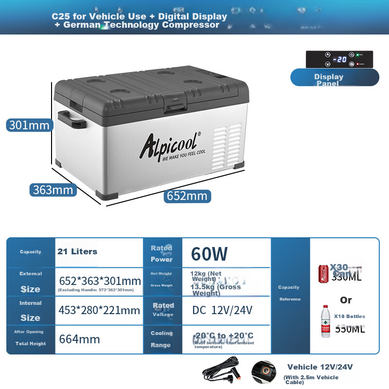 Alpicool C25 Car Refrigerator - 21L Mini Freezer