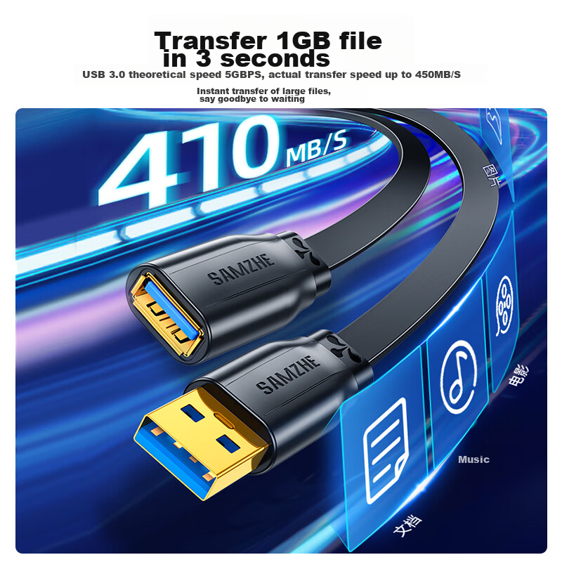 SAMZHE USB 3.0 Extension Cable - 1 Meter, Flat Gold-Plated