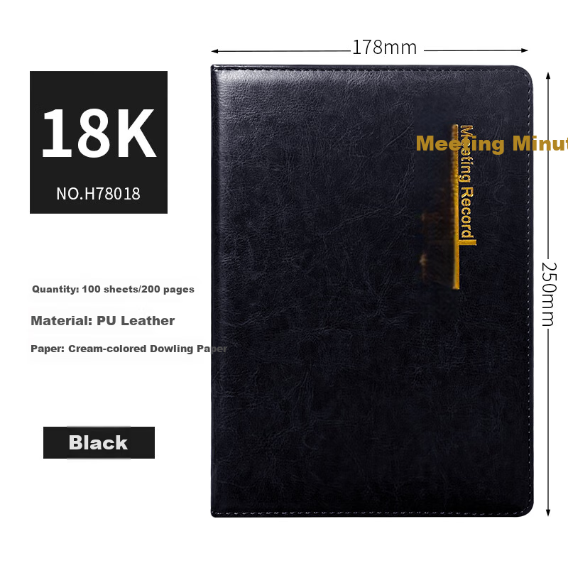 Bailiwen H78018 Black Leather Conference Notebook