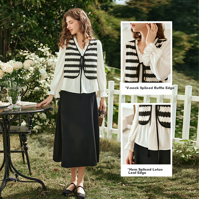 Olrain French Chiffon Blouse with Black and White Splice