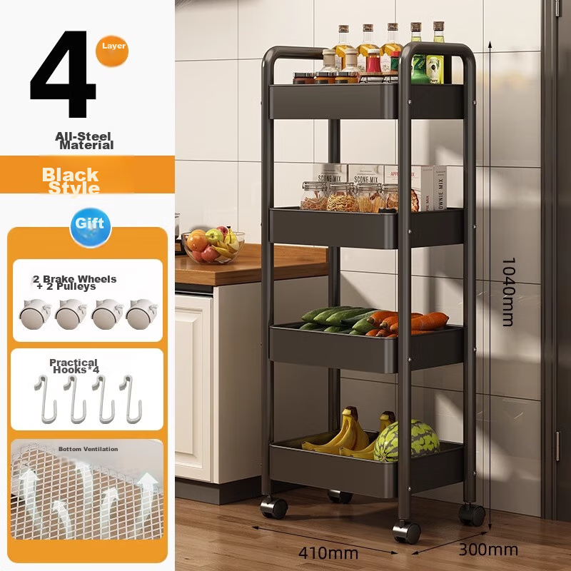 YOUQIN 4-Tier Kitchen Storage Rack with Hooks and Wheels