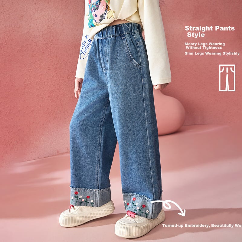 ASK JUNIOR Vintage Washed Denim Jeans with Embroidery