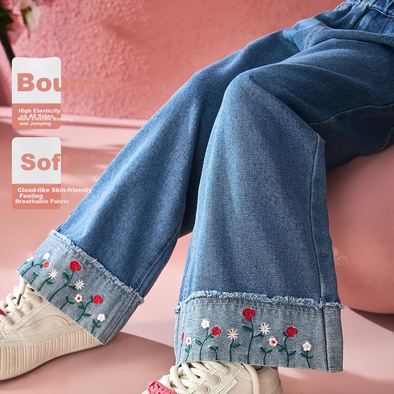 ASK JUNIOR Vintage Washed Denim Jeans with Embroidery