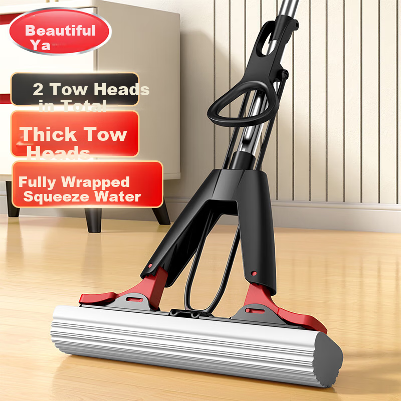 MARYYA Sponge Mop with Long Handle and 2 Mop Heads