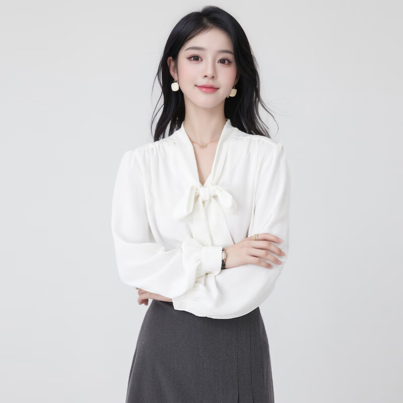 TELUOMAN Bow White Blouse Women's Long Sleeve
