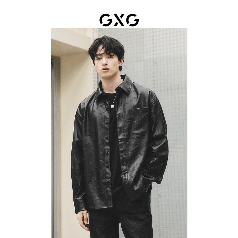 GXG Men's 2024 Black Leather Jacket & Lapel Shirt