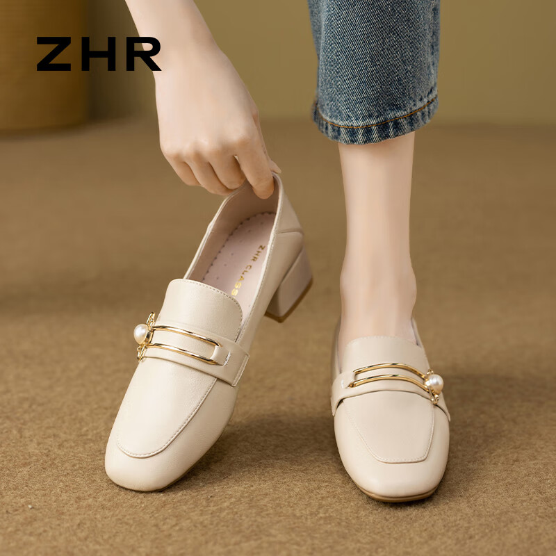 ZHR Women's Pearl Buckle High Heels Beige Size 39