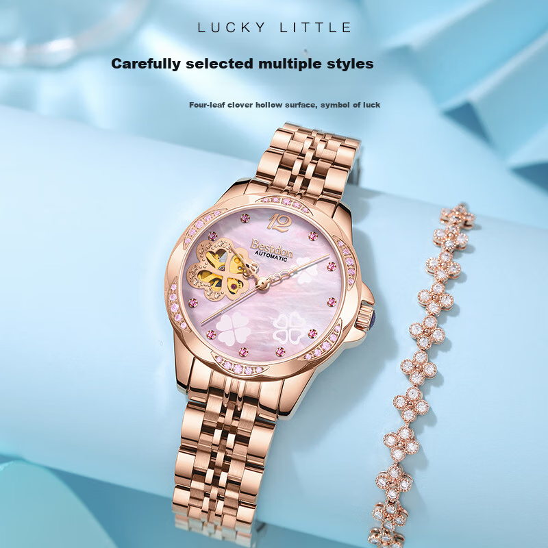 Bestdon Women's Rose Gold Mechanical Watch, Lucky Clover Design