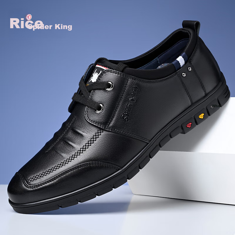 Spider King men's leather casual shoes, Korean style, trendy lace-up, cowhide soft sole, black