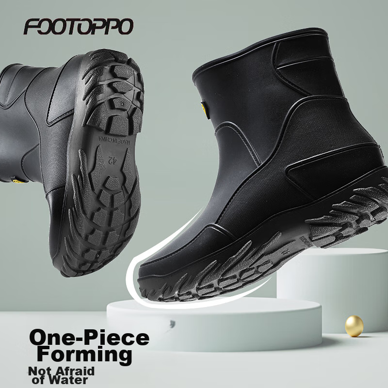 FOOTOPPO Mid-Calf Waterproof Rain Boots for Men & Women - Stylish PVC Rubber Shoes (Black with Red Sole, Size 41)
