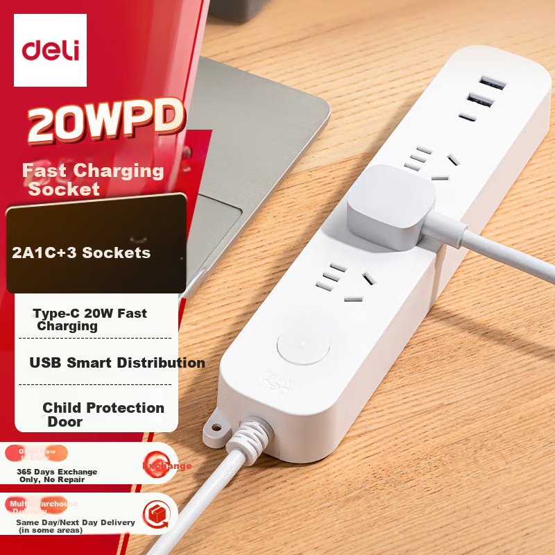 Deli 20W PD Fast Charging Power Strip with Type-C & USB Ports, 1.8m, 3 Outlets