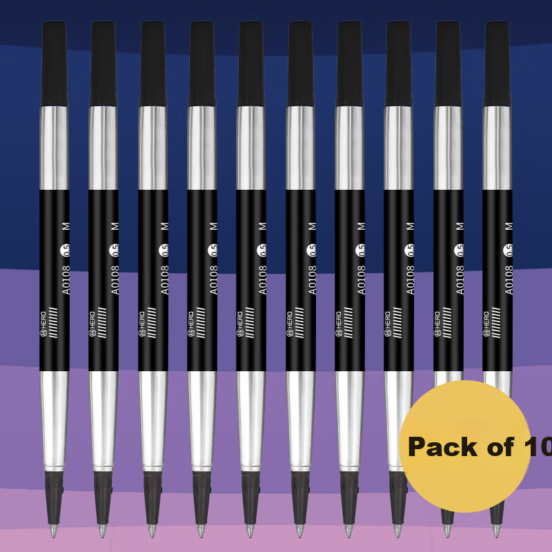 HERO A0108 Ballpoint Pen Refill, 0.5mm Black, Pack of 10