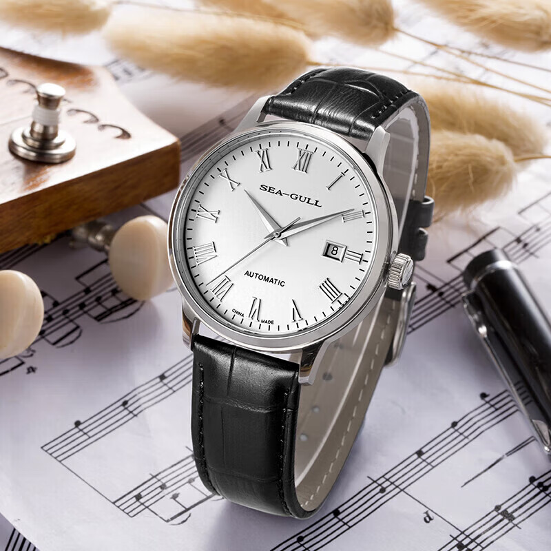 SEAGULL Men's Automatic Mechanical Watch with Calendar Leather Strap - White Dial, Classic Style