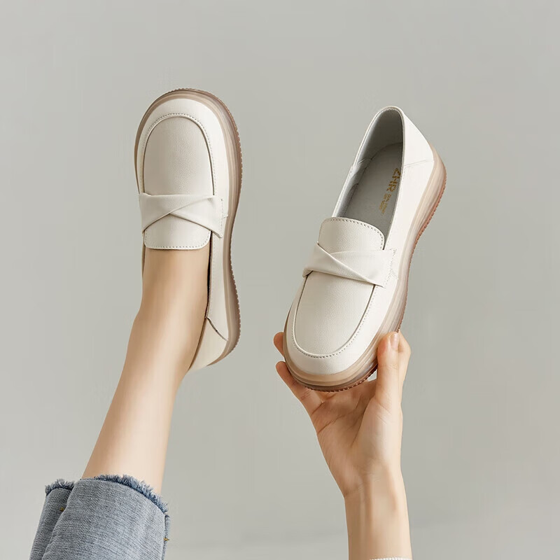 ZHR Women's Genuine Leather Loafers - Soft Two-Way Casual Flats, Beige, Size 39