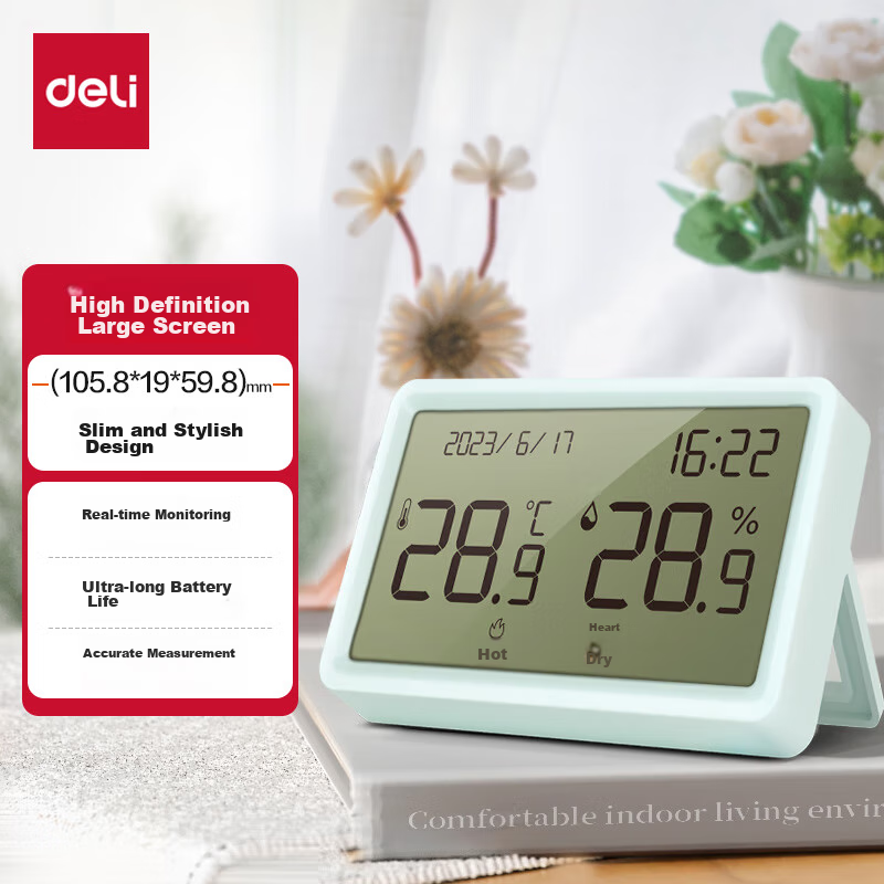Deli LE505 Digital Thermometer & Hygrometer – Blue LCD Display for Baby Room, Office (E202 Model)