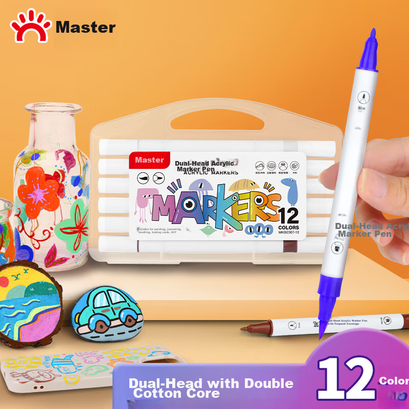 GRASP Dual-Head Acrylic Markers, 12 Colors - Waterproof Art Pens for Kids & Students