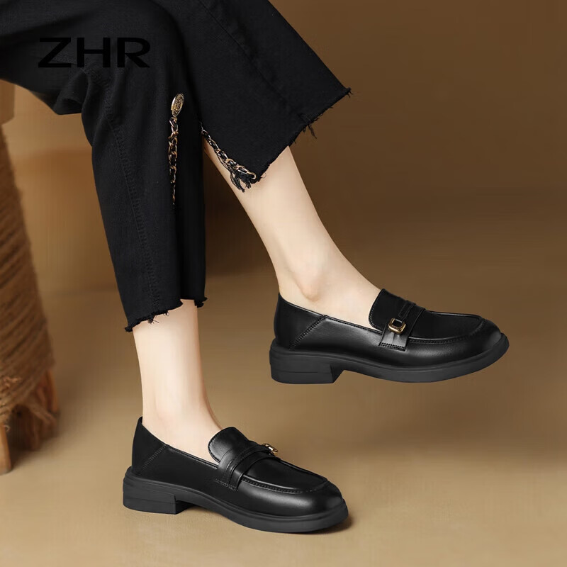 ZHR Women's Retro Loafers - Soft-Soled Two-Way Flats with Metal Buckles, Black (Size 36)