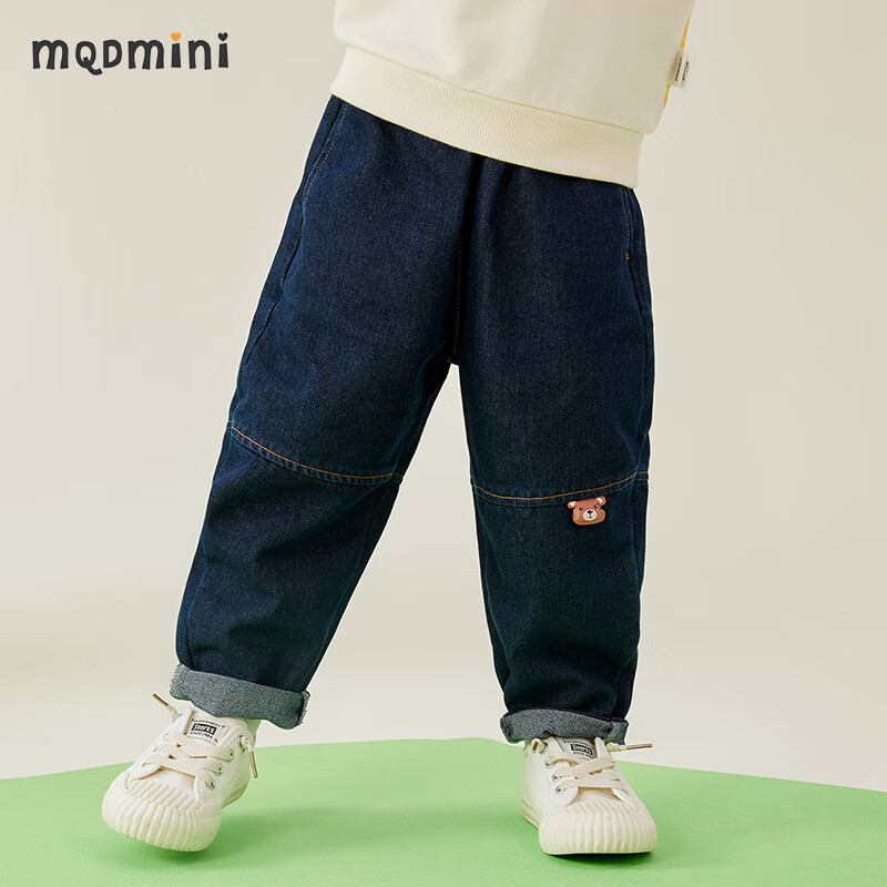 MQDMINI Kids Boys Casual Loose Jeans Camping Bear Blue Size 140