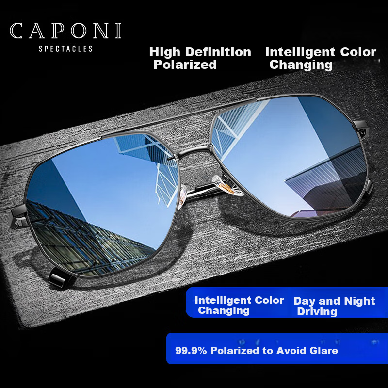 CAPONI Photochromic Polarized Sunglasses for Men - Day & Night Use