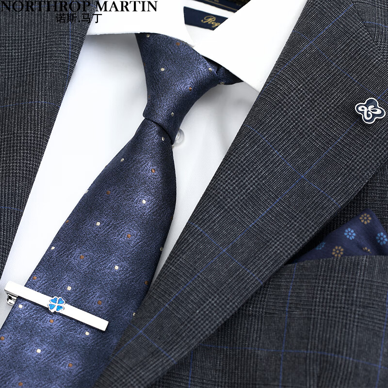 NORTHROP MARTIN Premium Blue Silk Tie with Lapel Pin